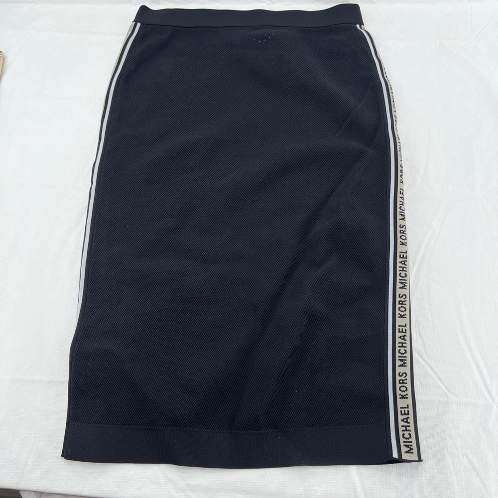 Michael Kors Womens Black Mesh Knit Pencil Skirt Logo Tape Side Stripe‎ Size M